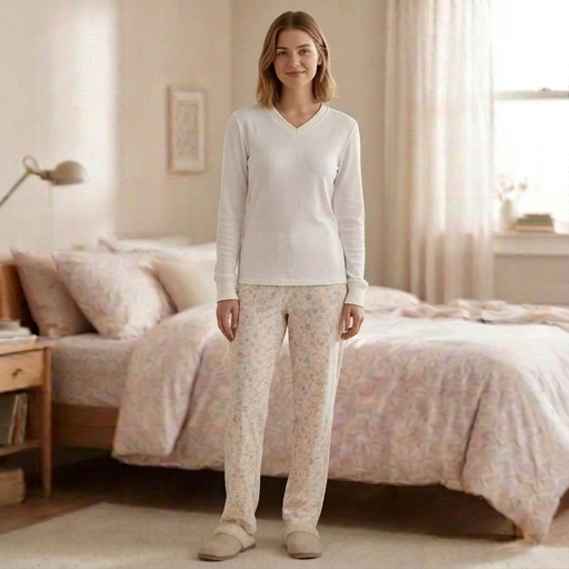 Uzun kollu beyaz pijama baskı Desenli Pijama Altı urun gorseli